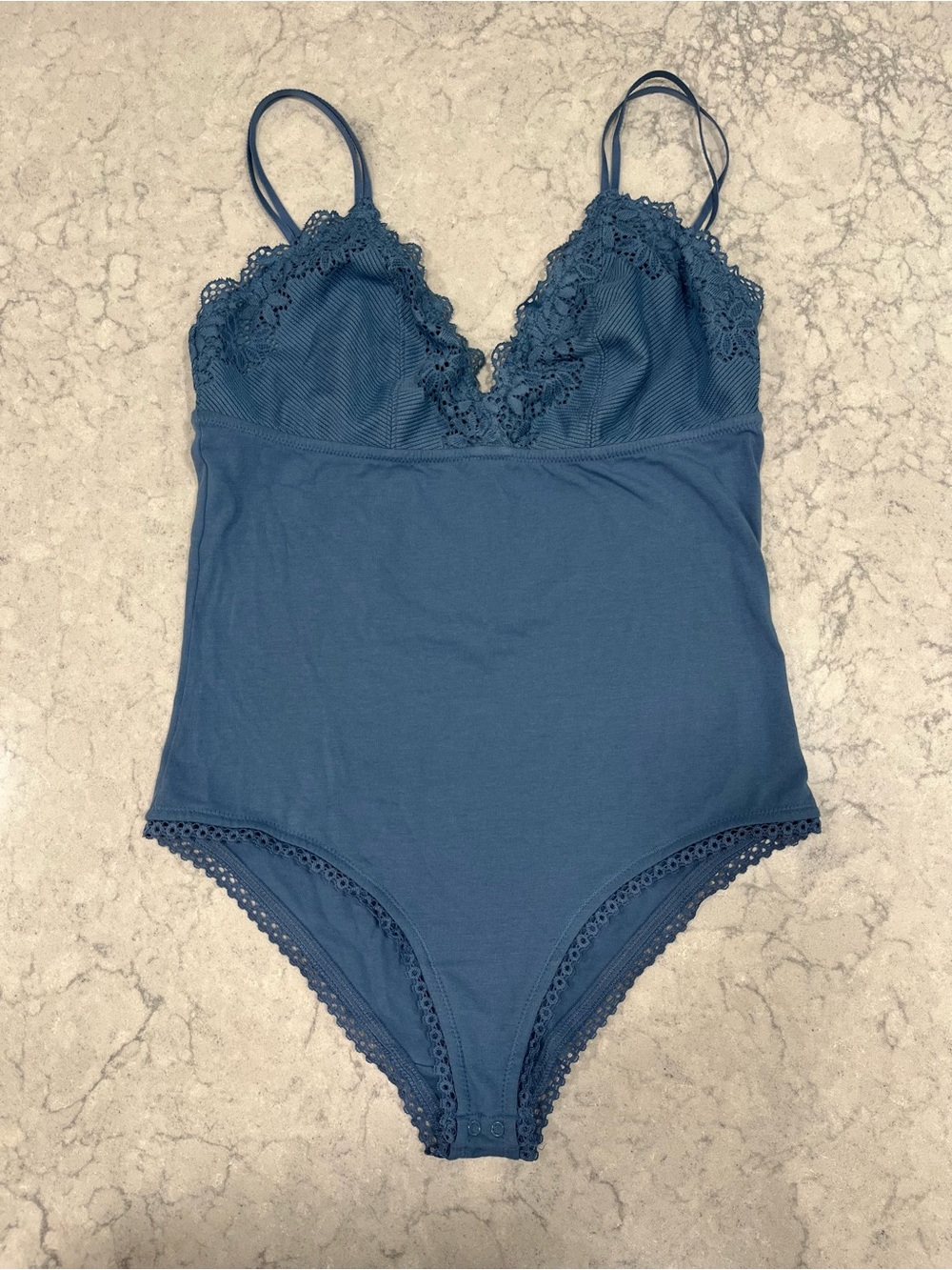 aerie Lace Trim Deep V Bodysuit in Teal Blue